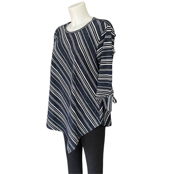 Tura by Vince Camuto Striped Assymmetrical Tunic Top 3/4 sleeves tie‎ cuffs sz M - Picture 3 of 6